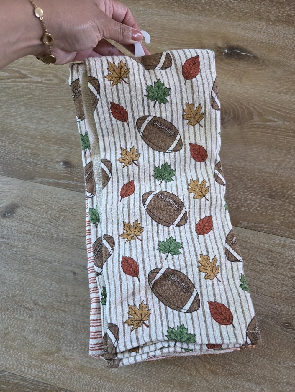 Autumn Football Printed Kitchen Towel - White with Brown, Green & Orange Leaves